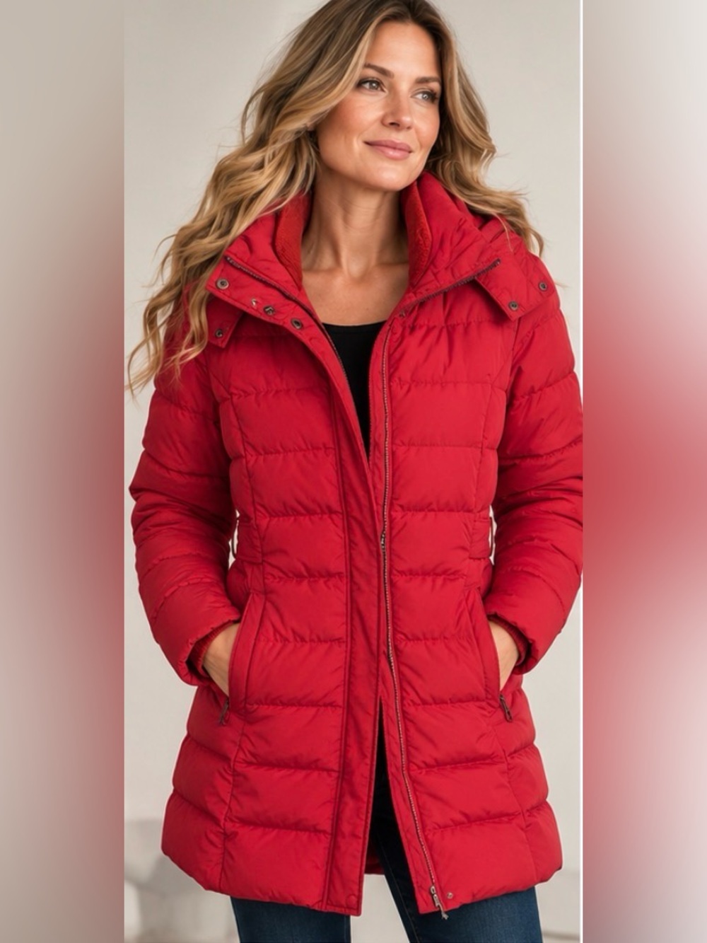 20.5 ptplativ Belted Puffer Coat with Faux Fur Hood Red Large
